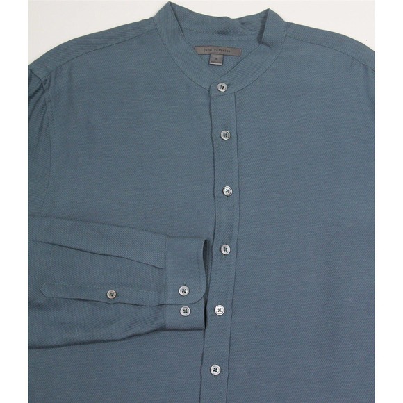 John Varvatos Aqua Twill Collarless Banded Collar Linen Button-Up Shirt~ S - Picture 1 of 7